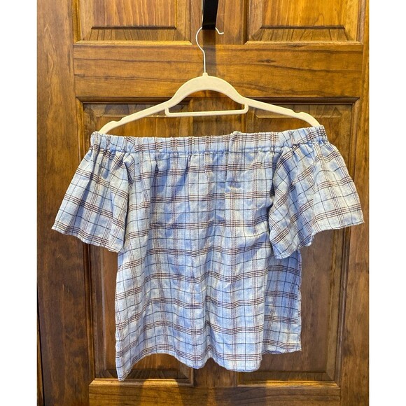 Verte Blouse Size Large Top Off Shoulder (or on) Baby Blue Plaid w Pink Cropped - Picture 4 of 9